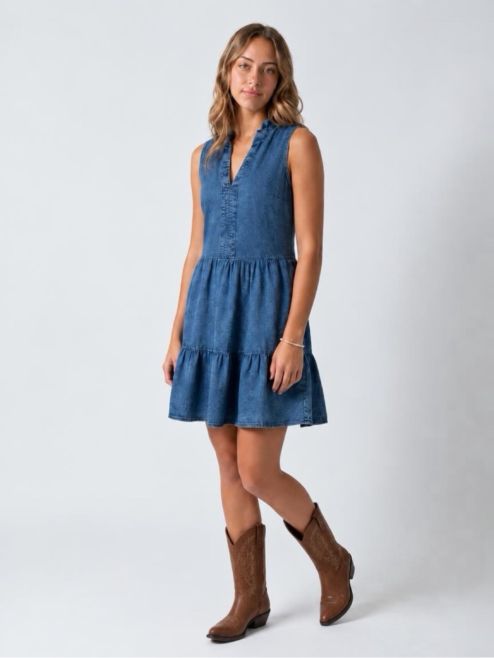 Cato Sleeveless Denim Tiered Mini Dress - Blue